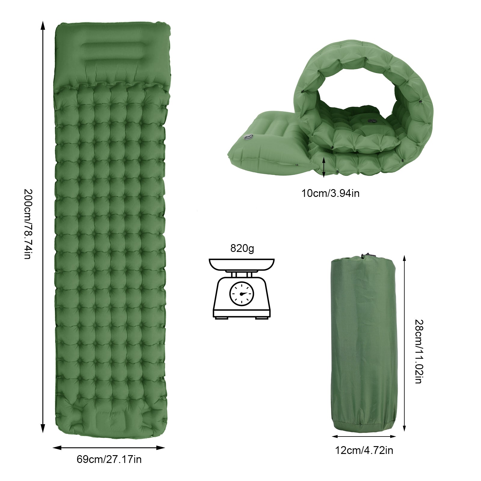 Camping Air Sleeping Pad Mat Foot Press Inflatable Lightweight Backpacking Pad 200 x 69 x 10 cm