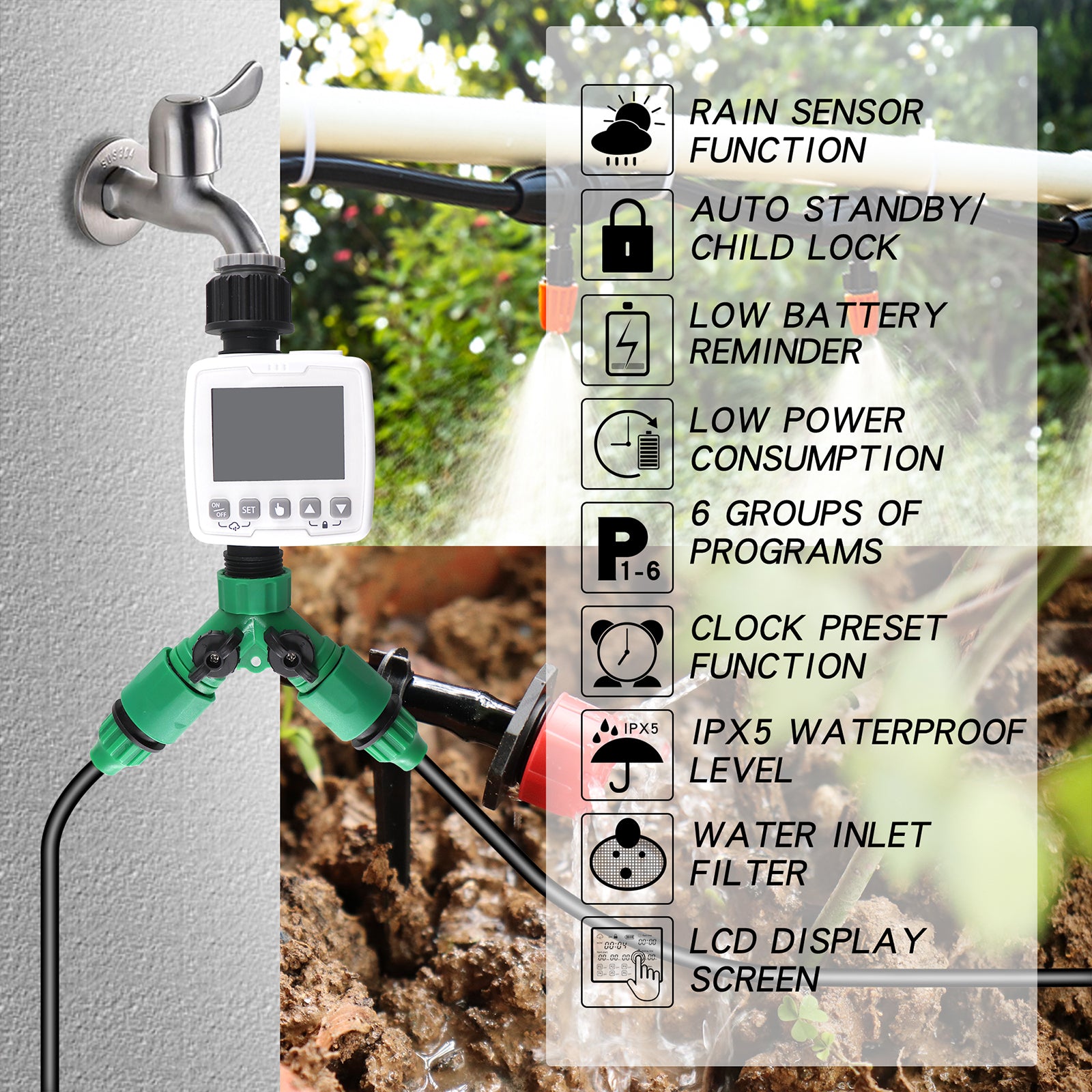 Automatic Watering Timer with Rain Sensor Drip Irrigation Kit Plant Waterer drip Irrigation System