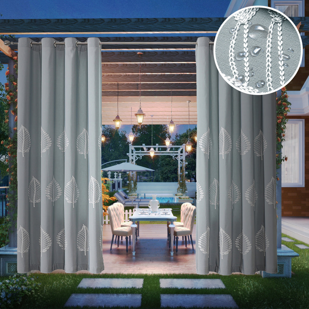 Waterproof Indoor/Outdoor Curtains with Leaves Embroidery Grommets 70% Blackout for Patio Thick Privacy Curtains for Bedroom Living Room