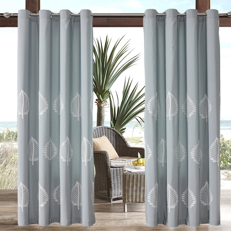 Waterproof Indoor/Outdoor Curtains with Leaves Embroidery Grommets 70% Blackout for Patio Thick Privacy Curtains for Bedroom Living Room