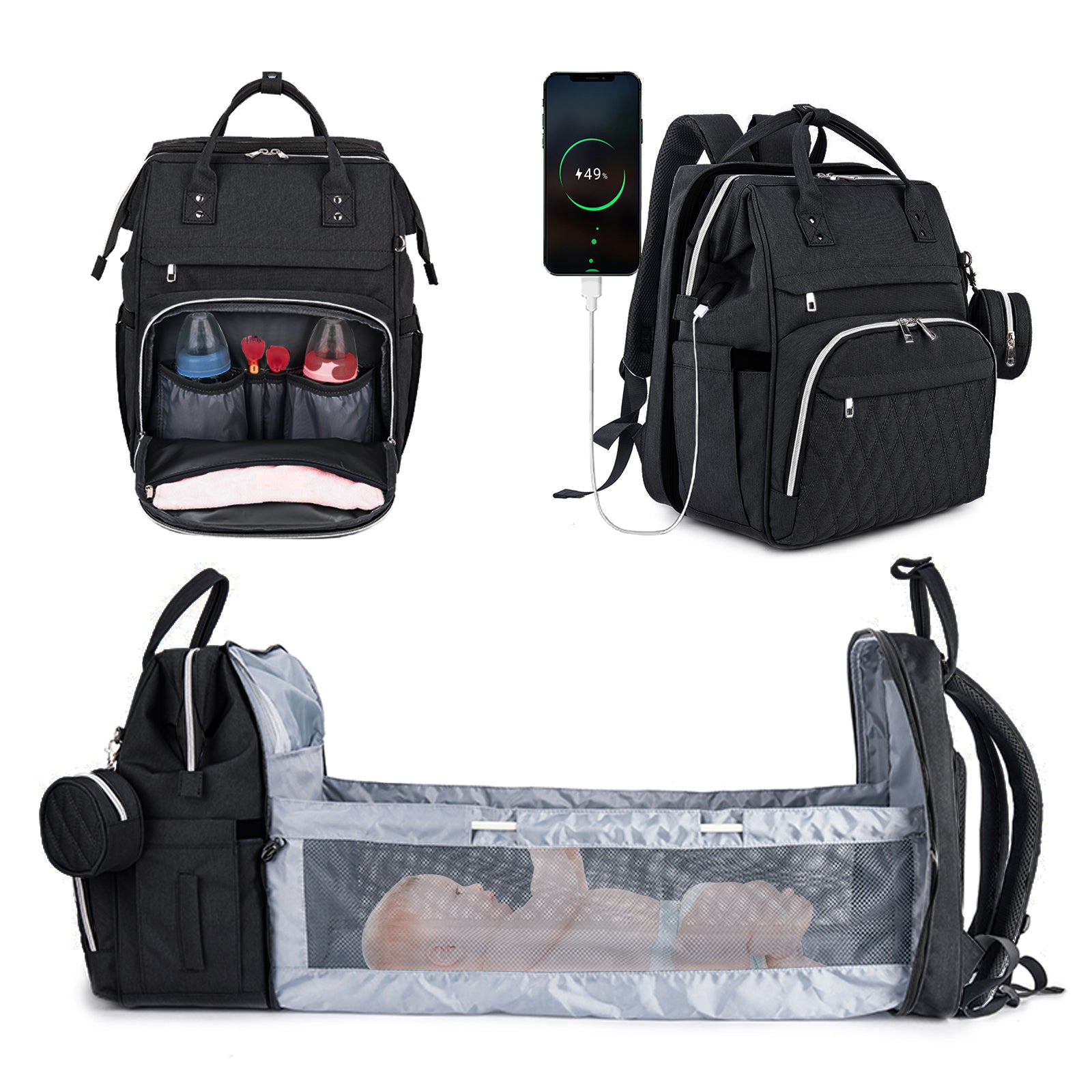 Diaper Bag Backpack, Large Baby Multifunction Waterproof Fabric Travel Nappy Changing Backpack with USB Charging Port and Insulated Bottle Warmer Pockets