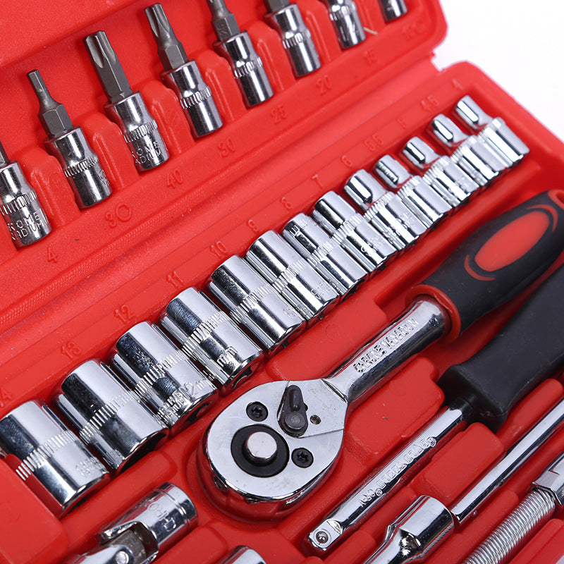 Socket Wrench Set, 6.3 inch (1/4 inch) Drive, 46 Piece Set, Ratchet Wrench, Hex Socket, Driver Set
