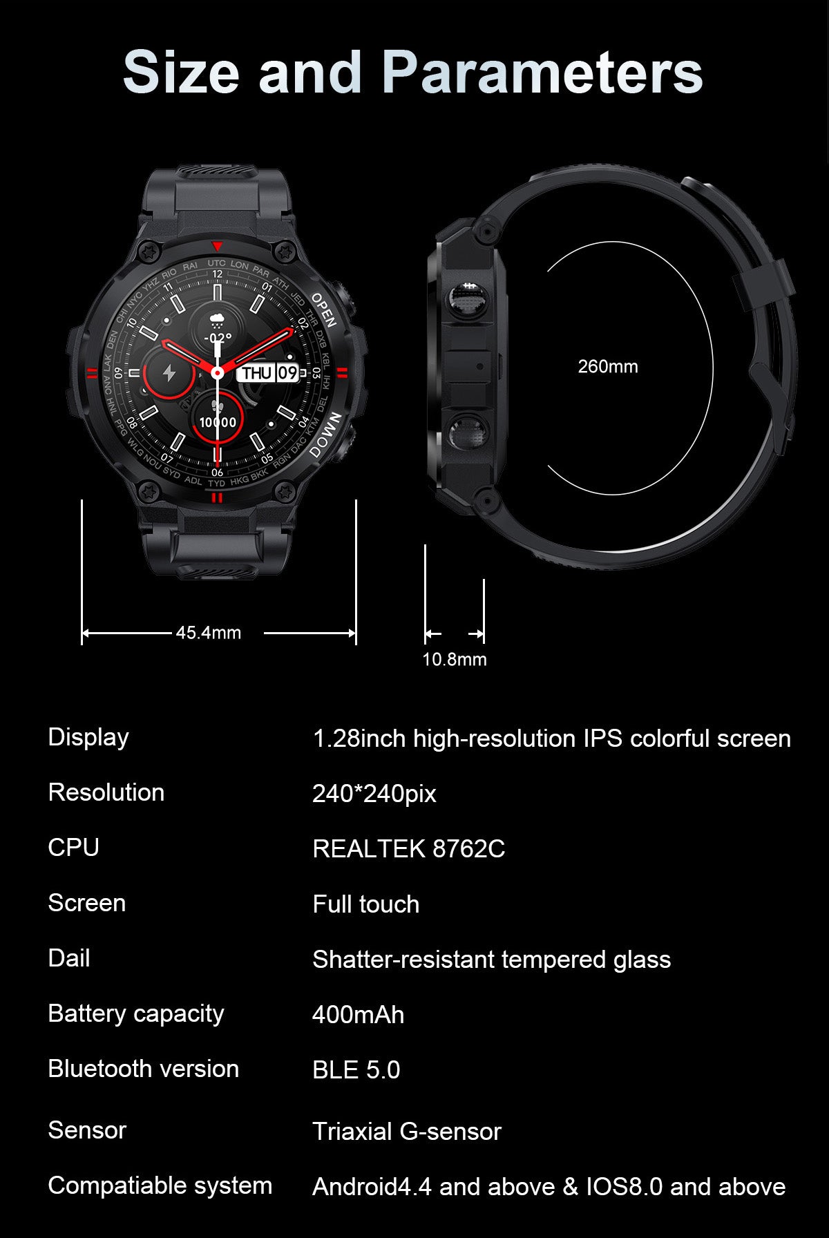 Smart Watch Outdoor Waterproof Sports Watch 1.28'' Multiple Sport Modes for Android iPhones Black/Green/Gray