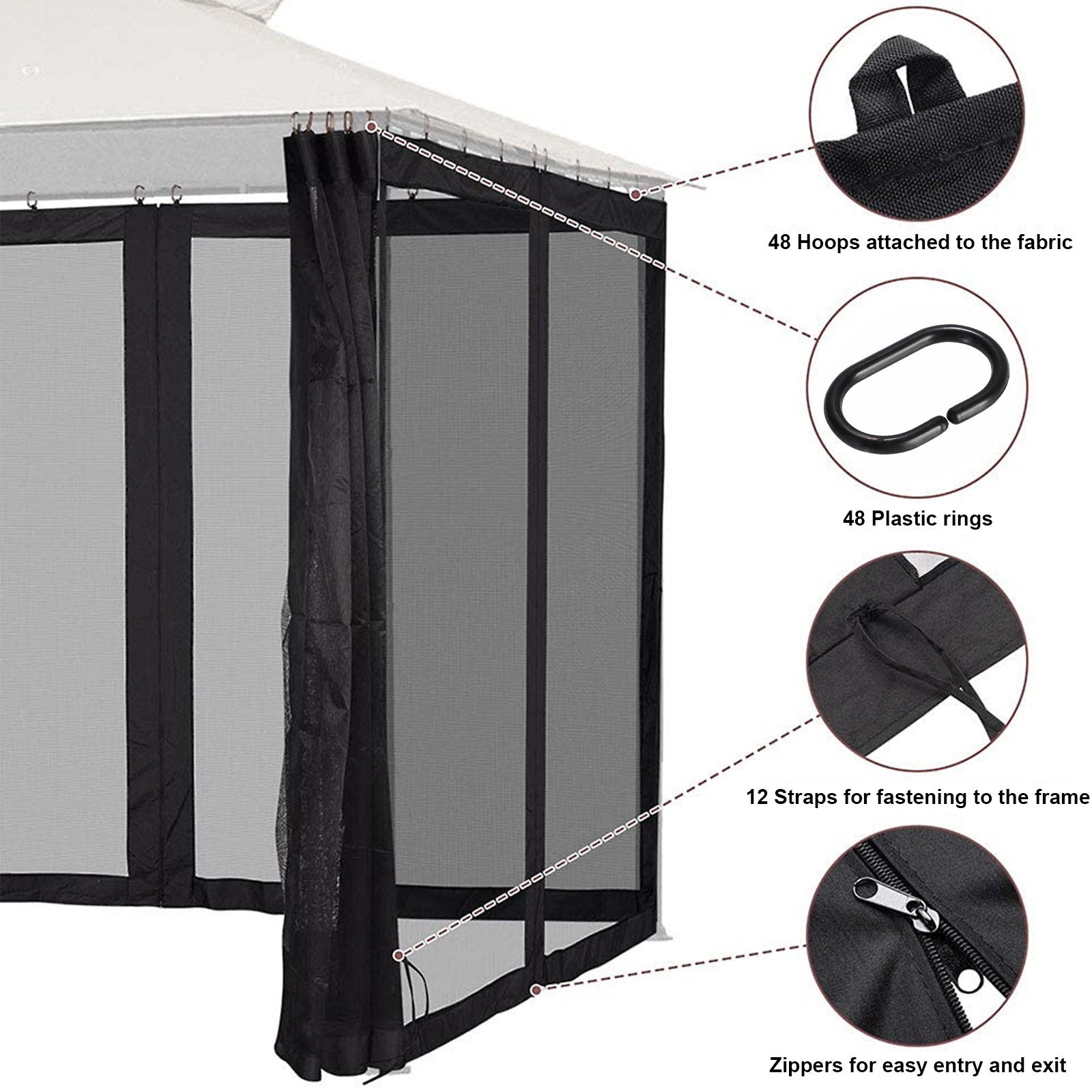 Outdoor Gazebo Canopy 4-Panel Screen Walls with Zipper for for Patio Garden Backyard (Mosquito Net Only)