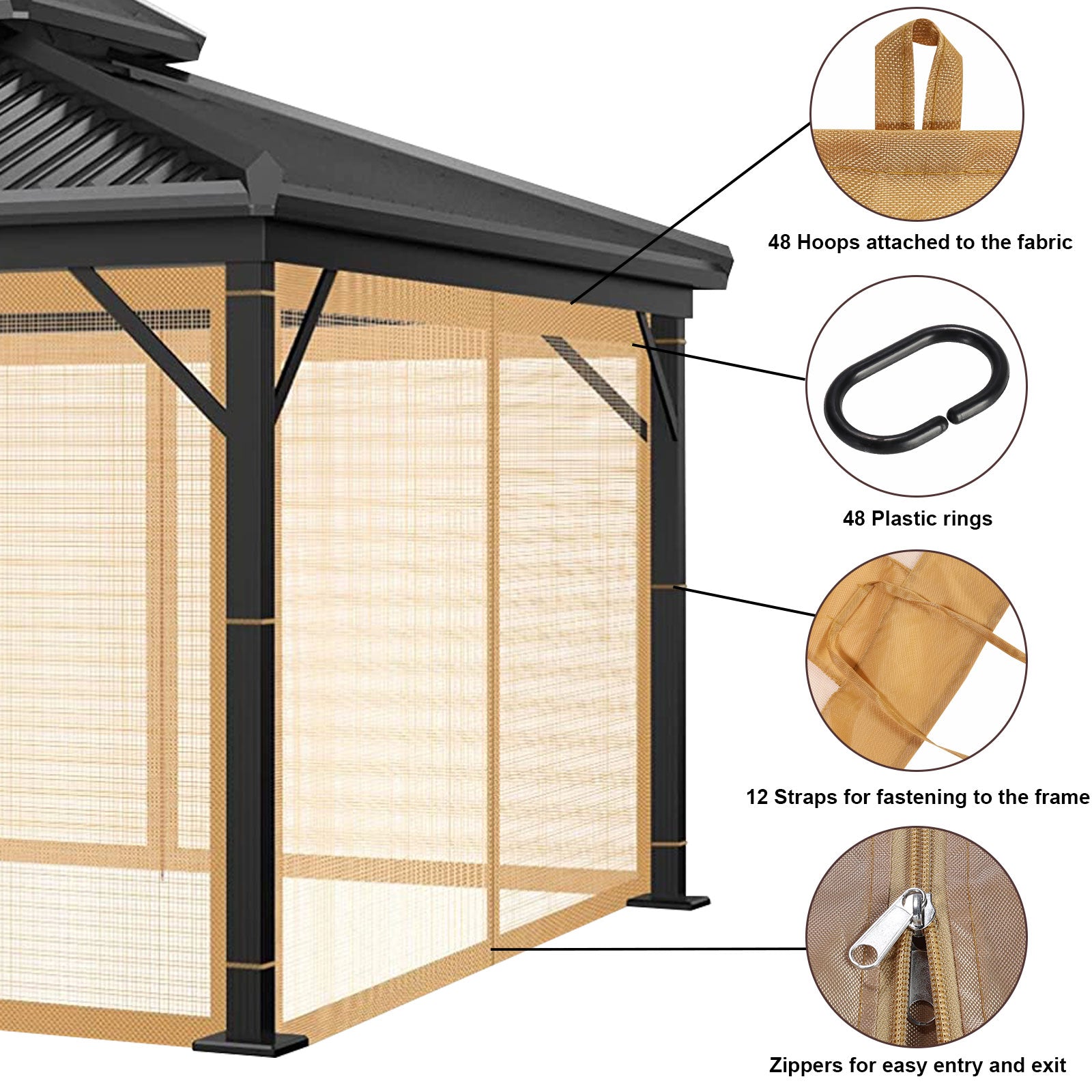 Outdoor Gazebo Canopy 4-Panel Screen Walls with Zipper for for Patio Garden Backyard (Mosquito Net Only)