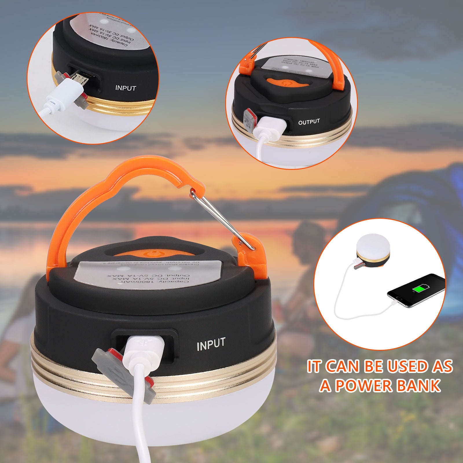 LED Camping Light USB Rechargeable Tent Lantern Waterproof Mobile Flashlight