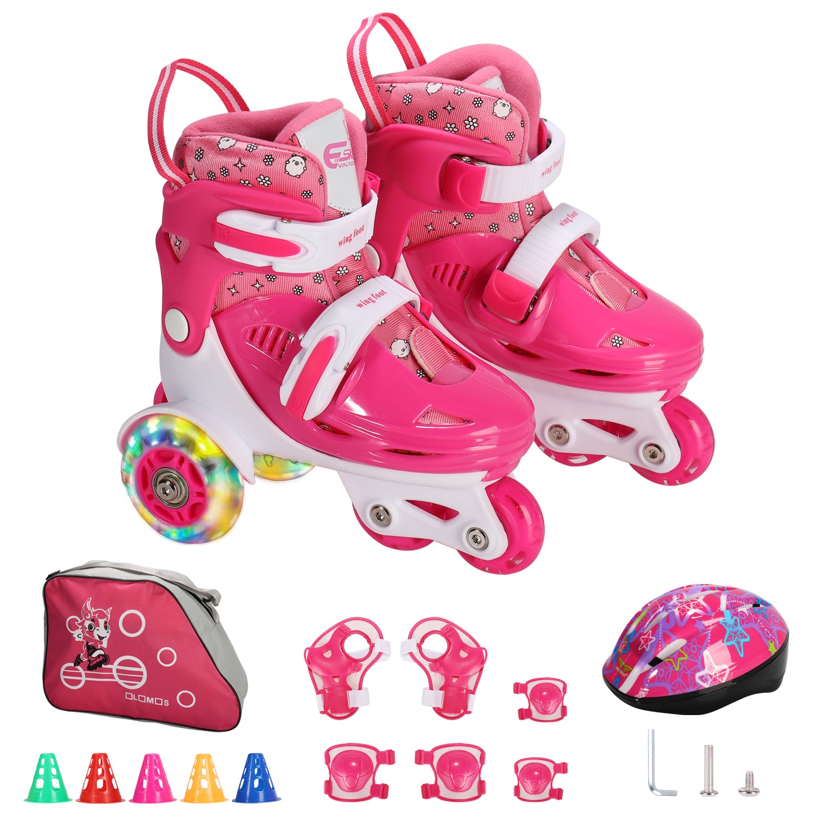 Kids Roller Skates Light Up LED Wheels Kids Roller Skates Shoes Includes 6 Pack Protective Gear for Ages 5-8 Years