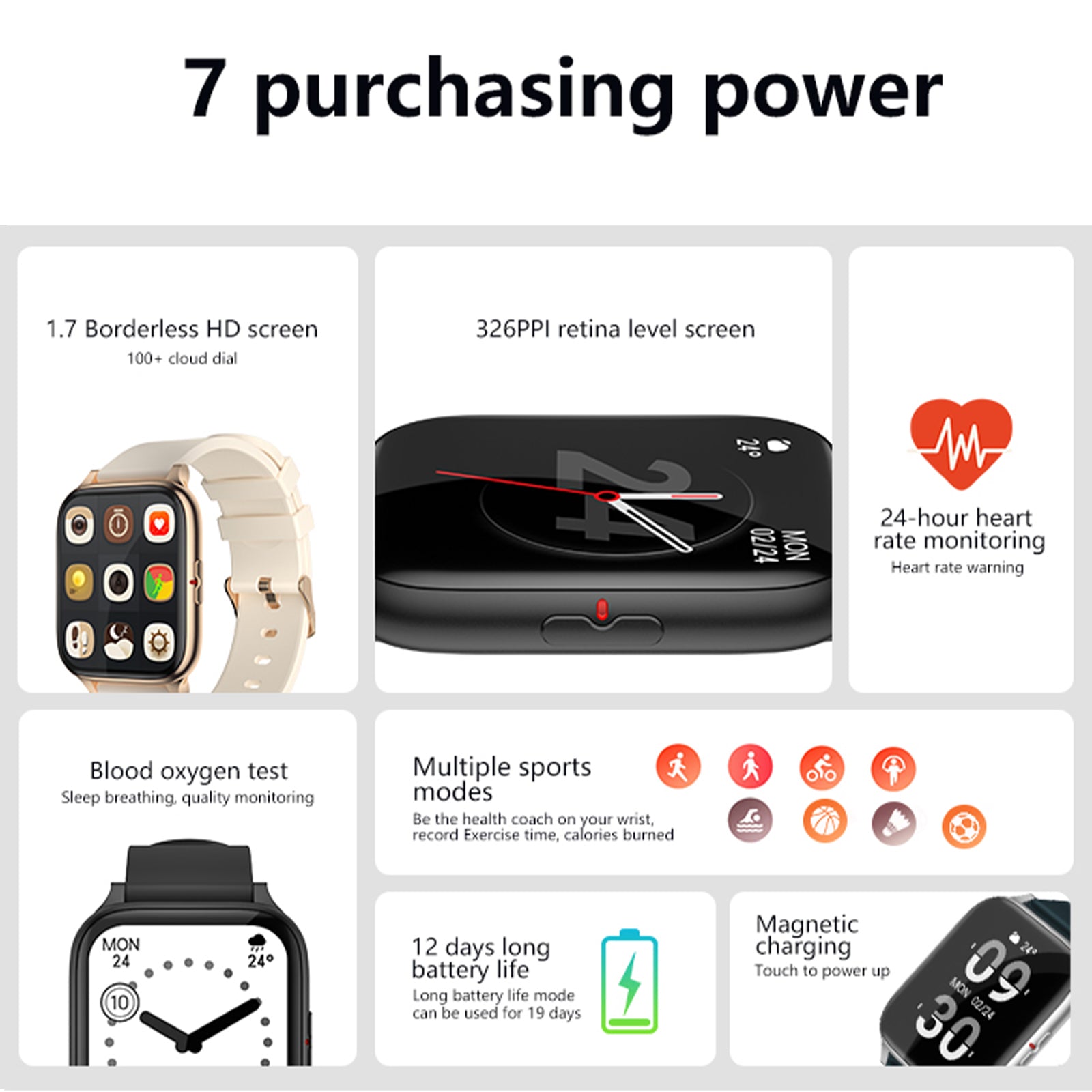 1.7" Touch Screen Smart Watch Fitness Tracker for Heart Rate Monitor Blood Oxygen with 8 sports modes