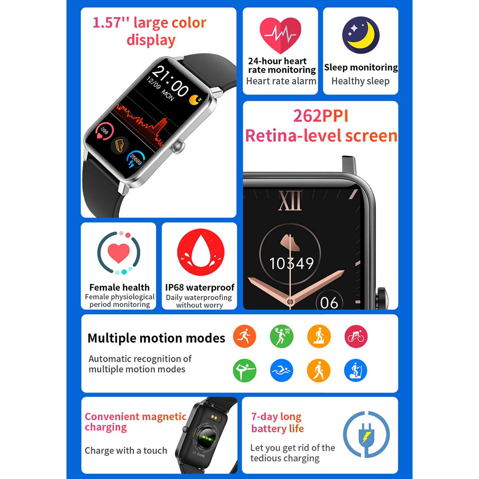 Sports Smart Watch Men Women 1.57-inch Full Touch Fitness Tracker IP68 Waterproof Smartwatch for Android IOS Phone