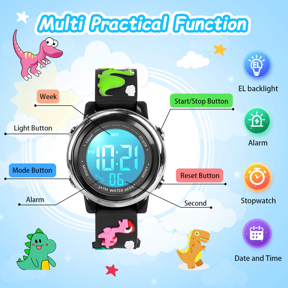 Children's Watch for Boys Girls Waterproof Outdoor LED Timer with 7 Colors Backlight
