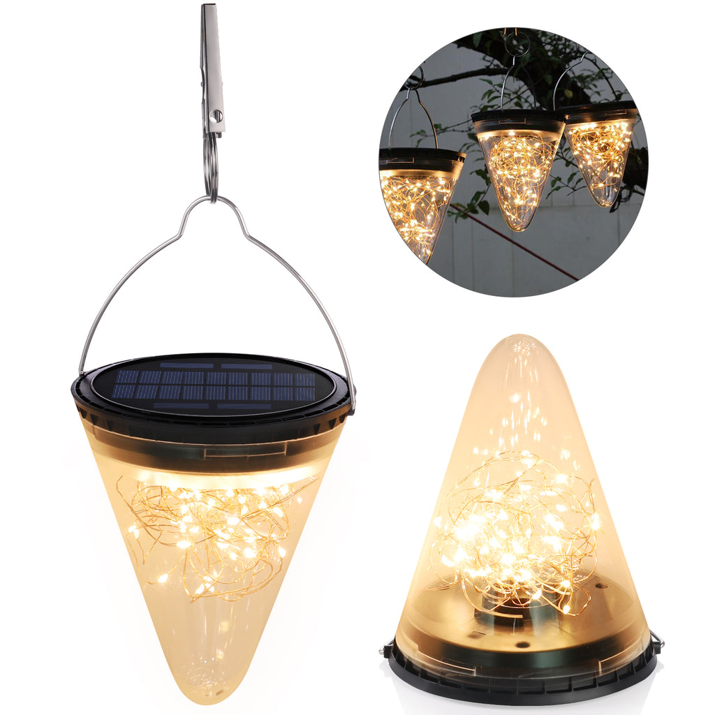 Solar Garden Conical LED Light  Outdoor Tree Hanging Lantern Cone Shape Decor Lamp with Hook for Garden Patio Deck Yard Path Lawn