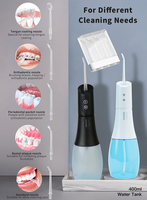 Cordless Oral Irrigator Portable Teeth Cleaner Water Dental Flosser with 400ml Big Water Tank 6 nozzles 5 Modes