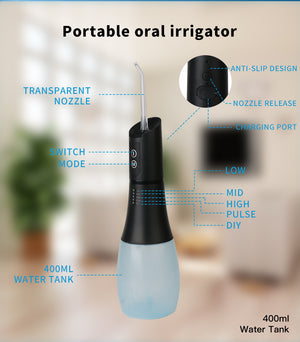 Cordless Oral Irrigator Portable Teeth Cleaner Water Dental Flosser with 400ml Big Water Tank 6 nozzles 5 Modes