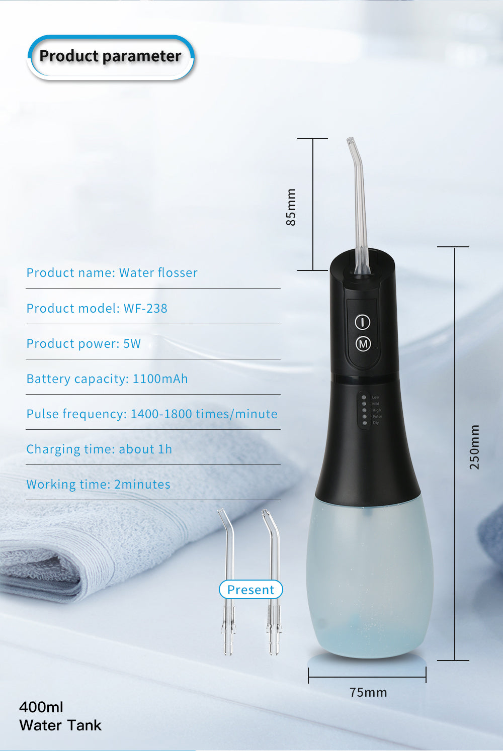 Cordless Oral Irrigator Portable Teeth Cleaner Water Dental Flosser with 400ml Big Water Tank 6 nozzles 5 Modes