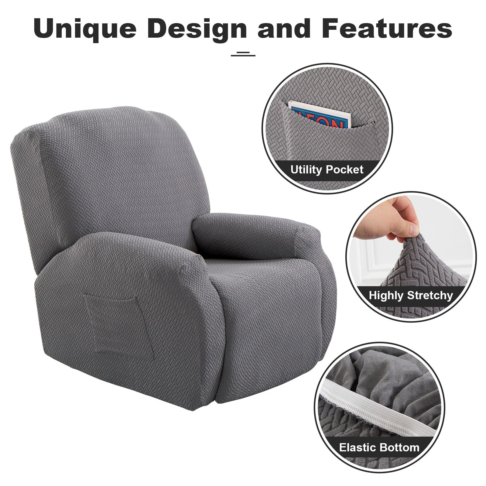 4 Pieces Stretch Recliner Chair Cover Easy-Going With side pockets Waterproof non-slip advanced fabric,6 color