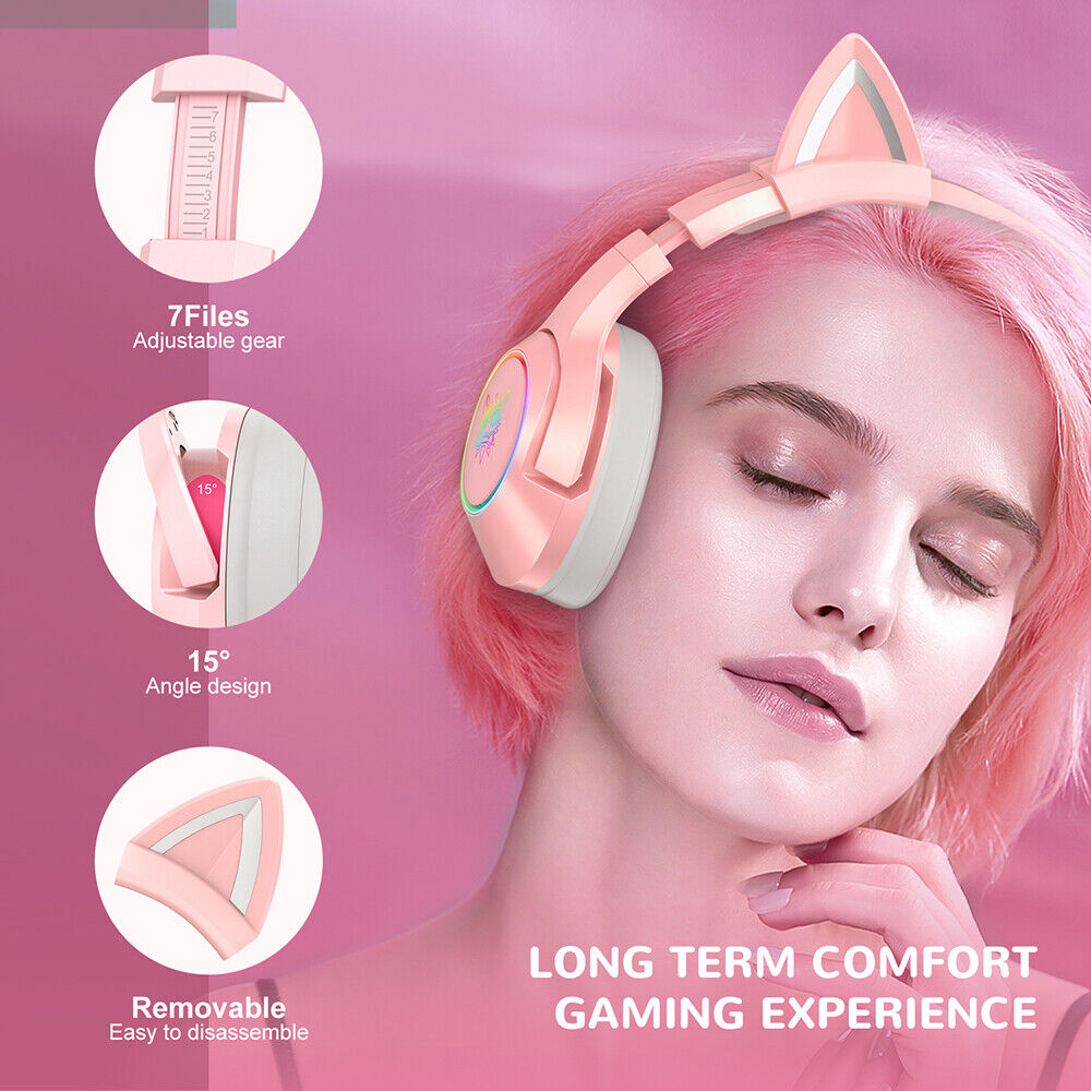 Onikuma K9 Pink Wired Gaming Headset Retractable Cat Ears PS4, Xbox, PC, Switch Headphones