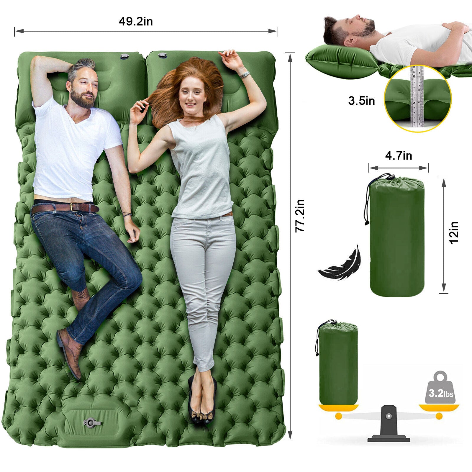 Double Sleeping Pad for Camping, Self Inflating Camping Pad 2 Person with Pillow for Backpacking, Hiking, Portable Camping Pad