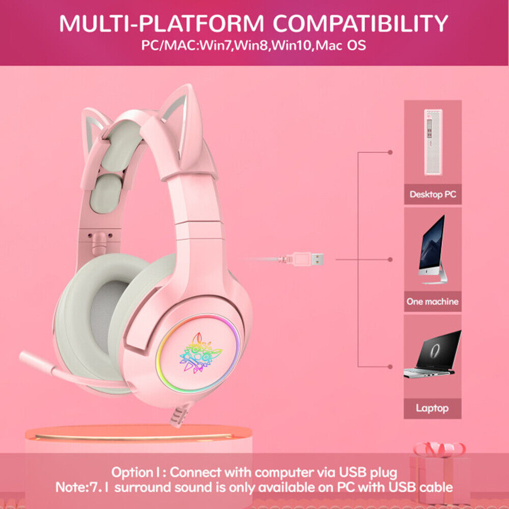 Onikuma K9 Pink Wired Gaming Headset Retractable Cat Ears PS4, Xbox, PC, Switch Headphones