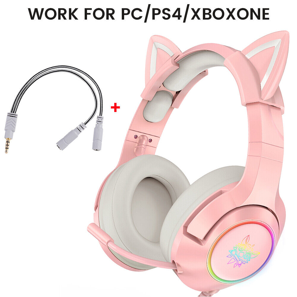 Onikuma K9 Pink Wired Gaming Headset Retractable Cat Ears PS4, Xbox, PC, Switch Headphones